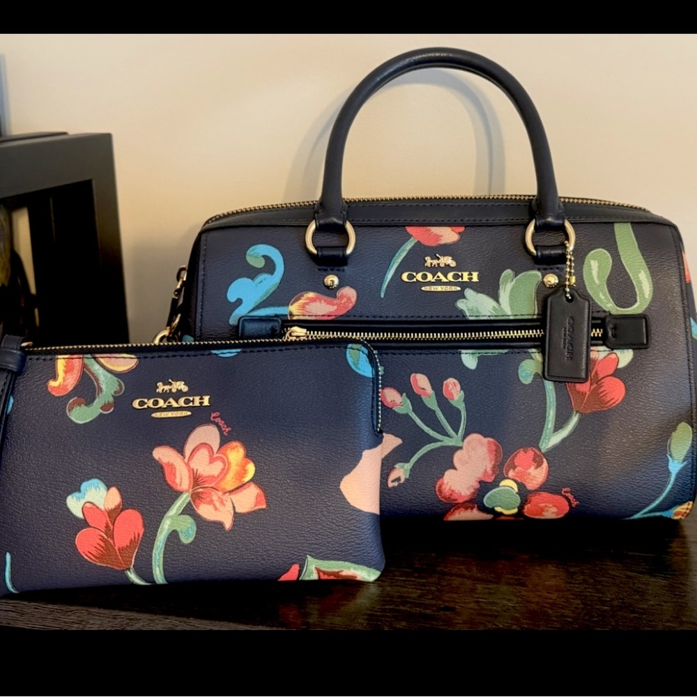 Coach Rowan Satchel Dreamy Land Floral Midnight Multi & Matching Wristlet EUC π - Picture 12 of 13